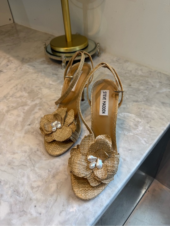 Steve Madden Shoes - STEVE MADDEN Excite Almond Raffia Rosette Slingback Sandal Heels